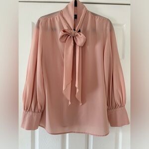 Who What Wear Blouse - Pink Balloon Bishop Sleeve & Ribbon Bow Neckline - Med.